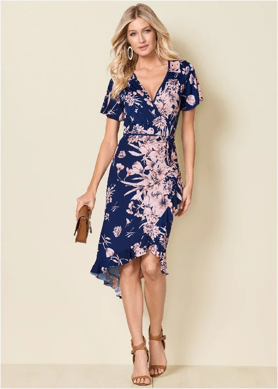 ladies-floral-dress-tall-tide-Floral Print Wrap Dress - Navy Multi