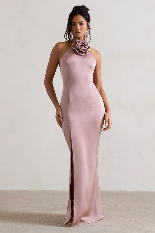 ladies-maxi-dress-travel-tide-Cesca | Blush Pink Satin Halter-Neck Maxi Dress With Flower Corsage