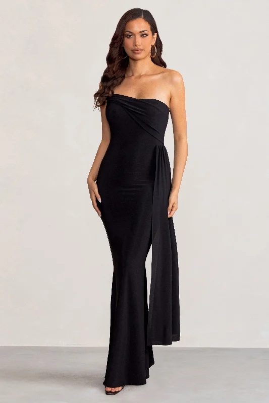 ladies-maxi-dress-silk-sunset-Aaliyah | Black Asymmetric Bardot Maxi Dress with Drape