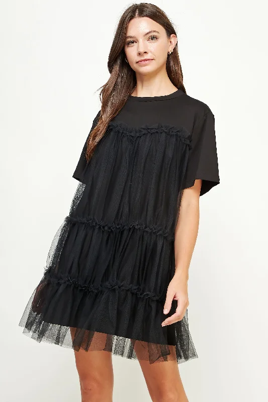 Women's mini dress crew chic -Black Tulle Overlay Tiered Mini Dress