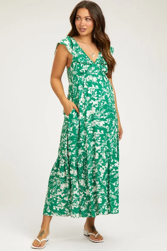 ladies-midi-dress-lemon-luxe-Green Floral Ruffle Maternity Midi Dress