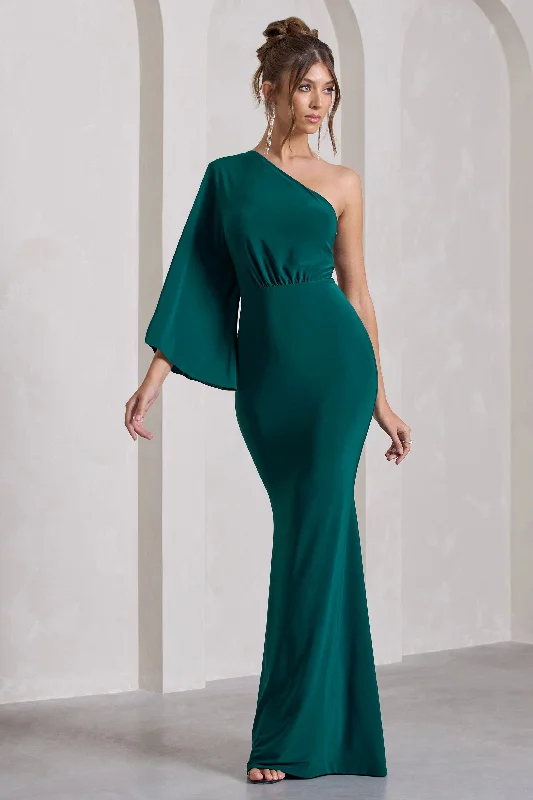 ladies-maxi-dress-berry-bloom-Luciana | Bottle Green One Shoulder Drape Sleeve Maxi Dress