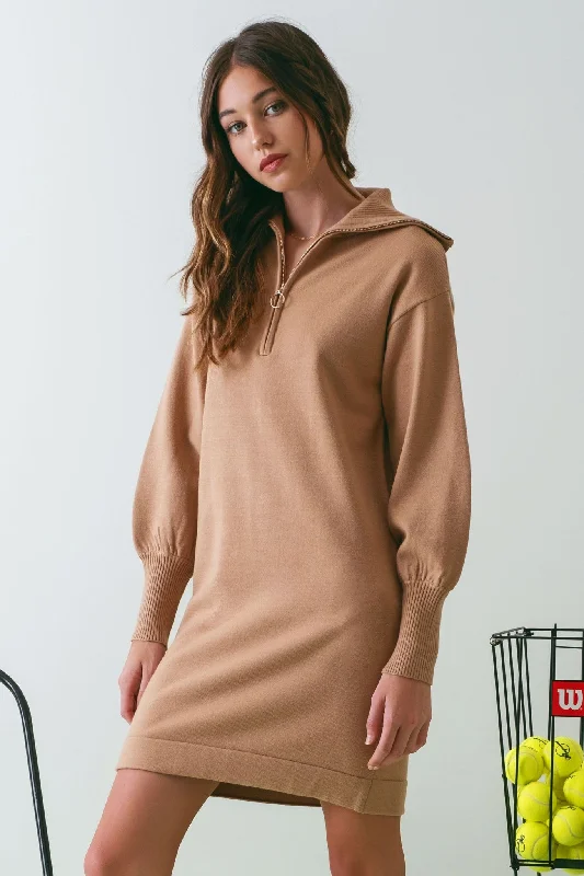 Women's mini dress glow chic -Taupe Knit Half Zip Mini Dress