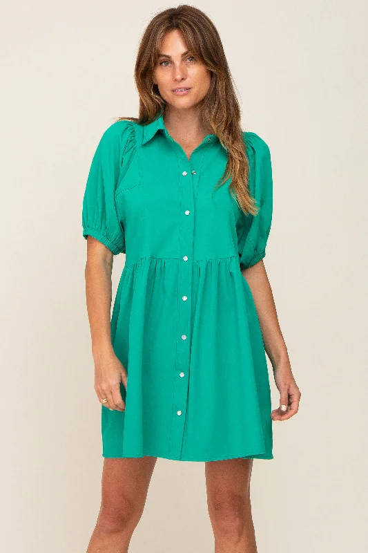 Women's mini dress skip pop -Green Button Down Mini Dress