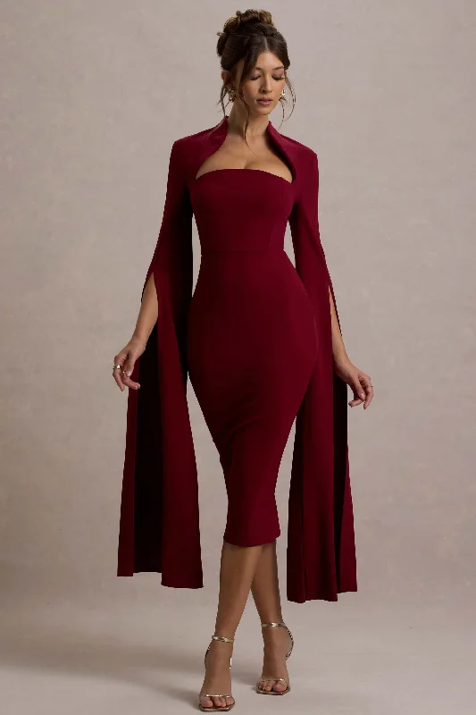 Women's bodycon dress raw flair -Linden | Berry Bodycon Cape-Sleeve Midi Dress