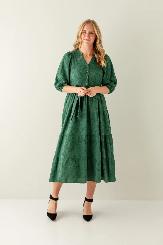 ladies-maxi-dress-handmade-hush-'Holly' Textured Button Front Tiered Maxi Dress in Hunter Green