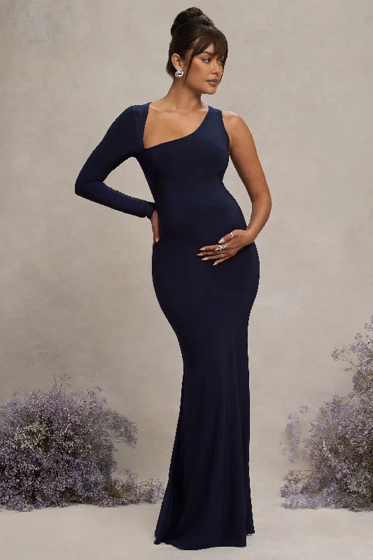 Women's bodycon dress tide pop -Oh Baby | Navy Maternity One Shoulder Bodycon Maxi Dress