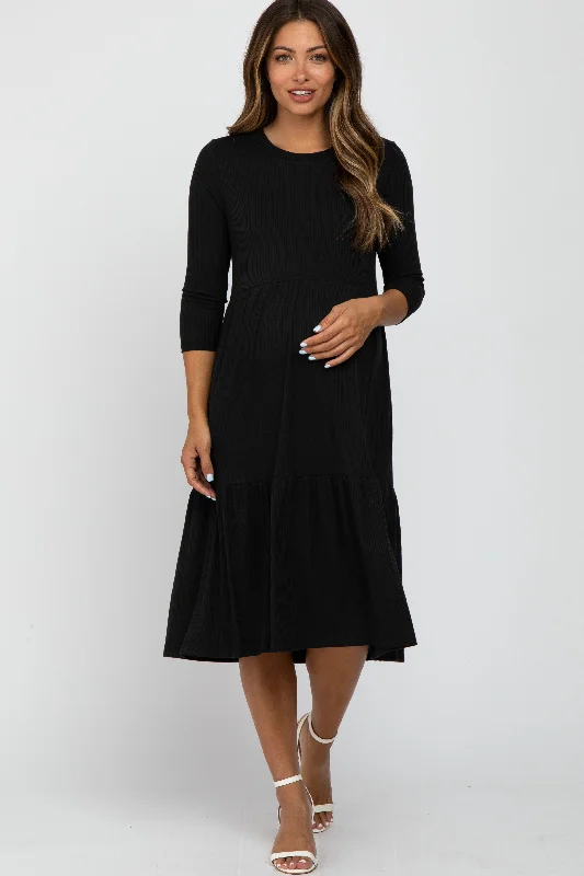 ladies-midi-dress-claret-cascade-Black Tiered Ribbed 3/4 Sleeve Maternity Midi Dress