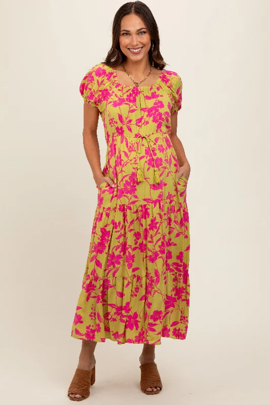 ladies-midi-dress-rust-ripple-Lime Floral Off Shoulder Puff Sleeve Maternity Midi Dress