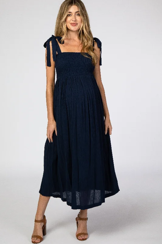 ladies-midi-dress-handmade-harmony-Navy Blue Smocked Tie Strap Maternity Midi Dress