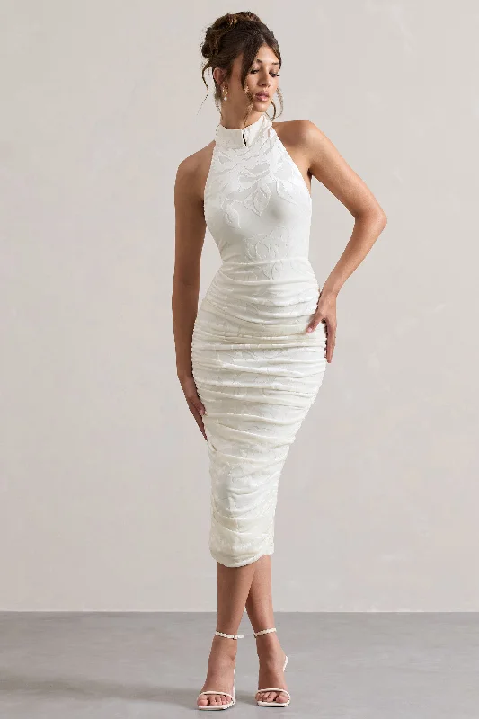 Women's bodycon dress mama pop -Therese | White Ruched Bodycon High-Neck Midi Dress