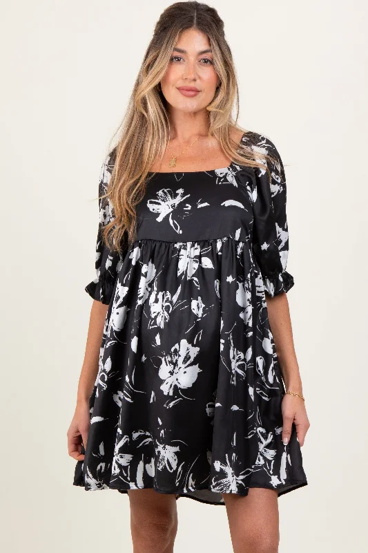 Women's mini dress gloss chic -Black Satin Floral Square Neck Maternity Mini Dress