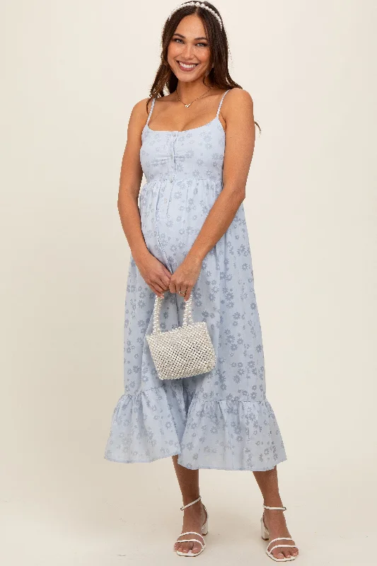 ladies-midi-dress-modern-muse-Blue Floral Button Front Sleeveless Maternity Midi Dress