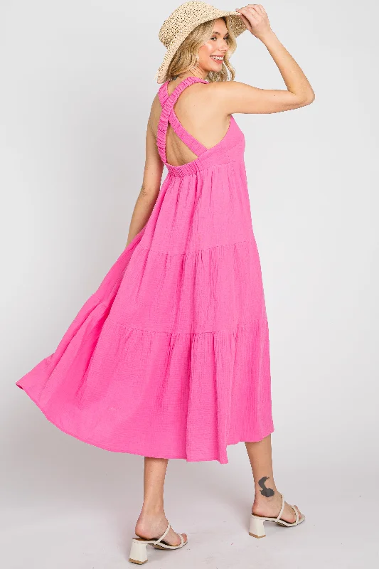 ladies-midi-dress-runway-rush-Neon Pink Tiered Crisscross Strap Midi Dress