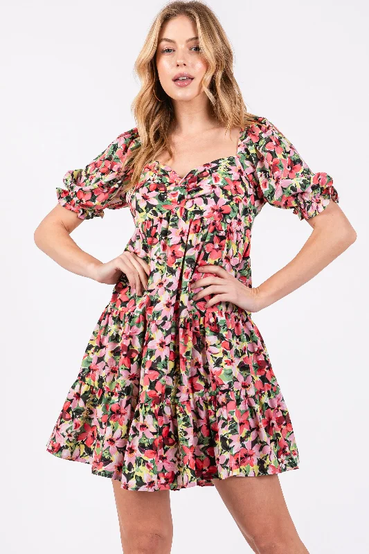 ladies-floral-dress-long-sleeve-lush-Red Multi-Color Floral Puff Sleeve Ruffle Hem Dress