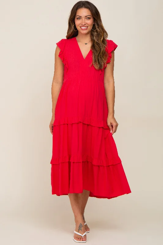 ladies-midi-dress-silk-sway-Red Ruffle Accent Tiered Maternity Midi Dress