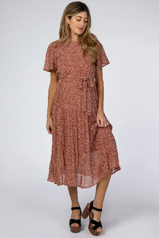 ladies-midi-dress-sporty-sweep-Rust Leaf Print Pleated Maternity Midi Dress