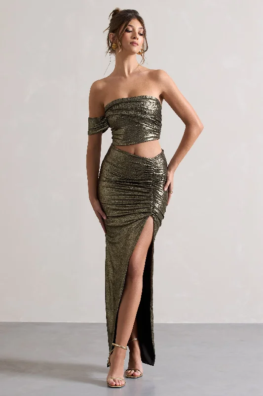 ladies-maxi-dress-glam-glow-Gilded | Gold Metallic One-Sleeved Cut-Out Split Maxi Dress