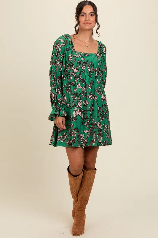 Women's mini dress hush glow -Green 3/4 Ruffle Sleeve Floral Mini Dress