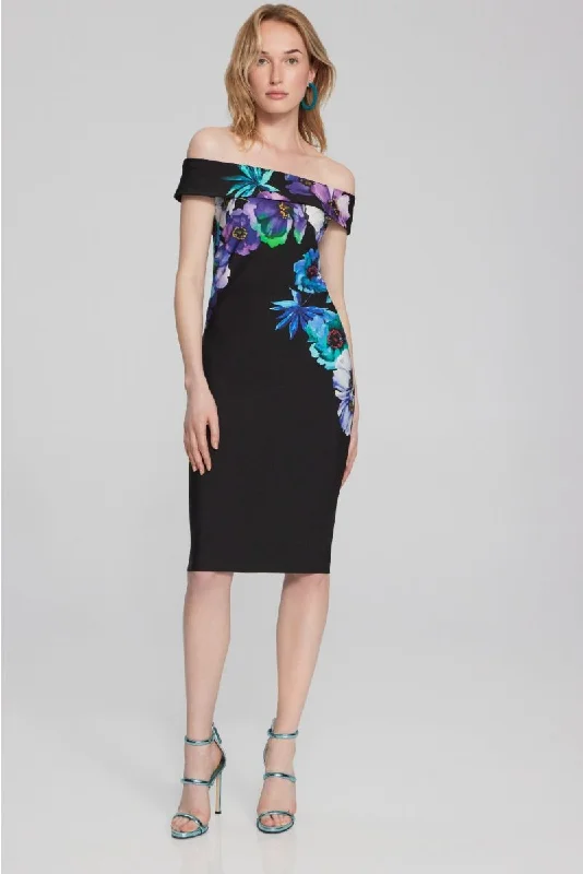 ladies-floral-dress-smocked-sunset-Joseph Ribkoff Black/Multi Floral Print Off-Shoulder Sheath Dress 241775