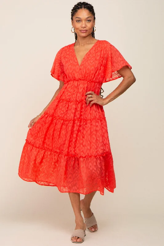 ladies-midi-dress-vermilion-vision-Coral Chiffon Animal Print Tiered Midi Dress