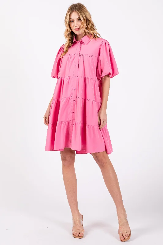 Women's mini dress zesty glow -Pink Puff Sleeve Mini Shirt Dress