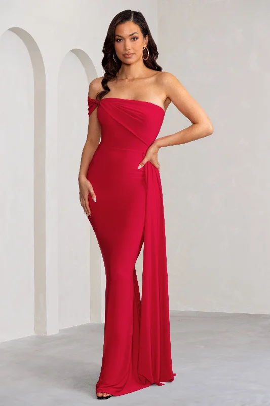 ladies-maxi-dress-knit-kiss-Aaliyah | Red Asymmetric Bardot Maxi Dress with Drape