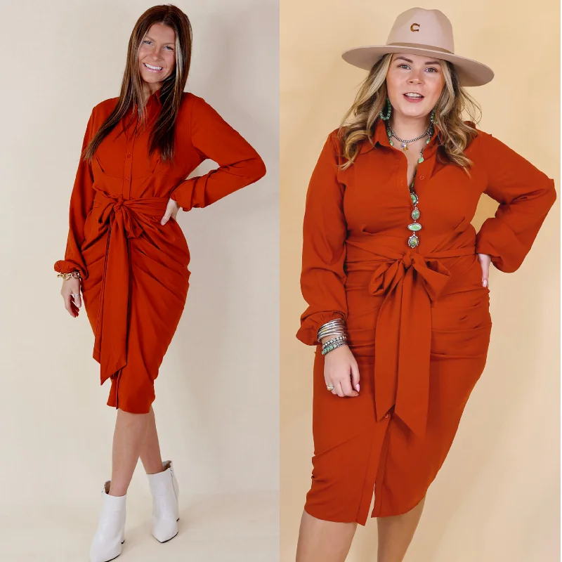 ladies-midi-dress-flowy-freedom-Last Chance Size Small & Medium | Heart On The Line Button Up Ruched Front Midi Dress with Waist Tie in Rust Orange