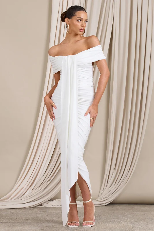 ladies-maxi-dress-designer-dusk-Camrin | White Ruched Bardot Maxi Dress With Train Detail