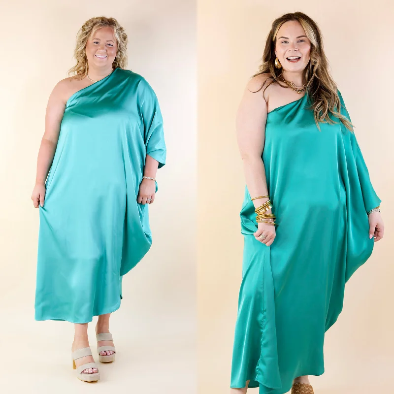 ladies-midi-dress-striped-sleek-Sweet Romance One Shoulder Satin Drape Midi Dress in Turquoise