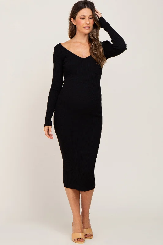 ladies-midi-dress-gold-glow-Black Knit Ribbed Maternity Midi Dress