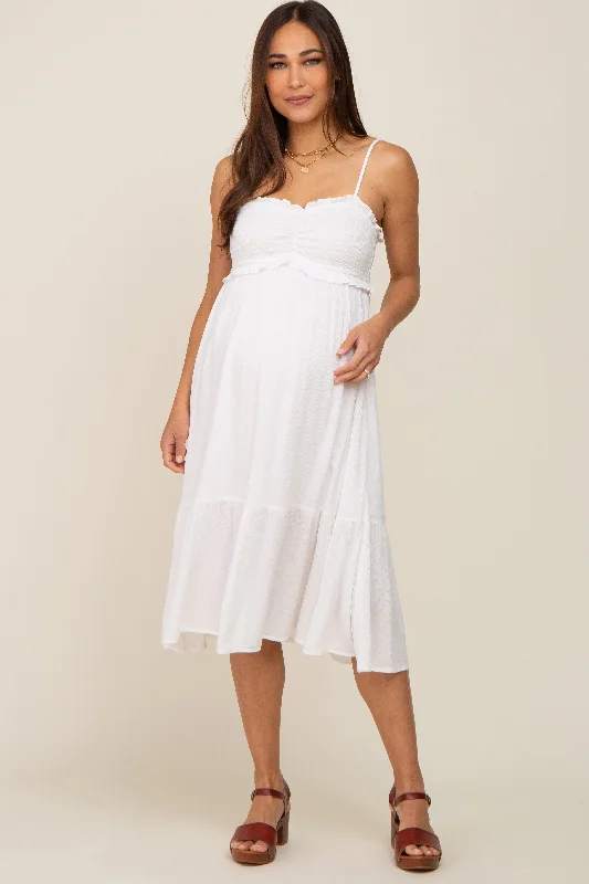 ladies-midi-dress-shimmer-sweep-Ivory Smocked Ruffle Accent Maternity Midi Dress