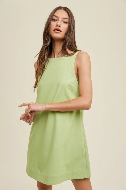 Women's mini dress talk glow -Lime Cotton Linen A-Line Mini Dress