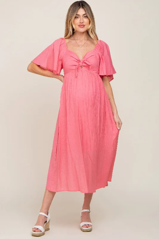 ladies-midi-dress-lavender-luxe-Coral Front Tie Ruffle Sleeve Maternity Midi Dress