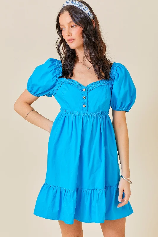 Women's mini dress task glow -Aqua Puff Sleeve Ruffle Accent Mini Dress