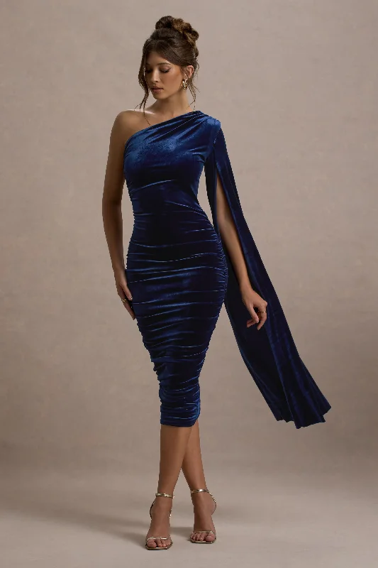 Women's bodycon dress bead flair -Gianna | Navy Velvet One Shoulder Cape Bodycon Midi Dress