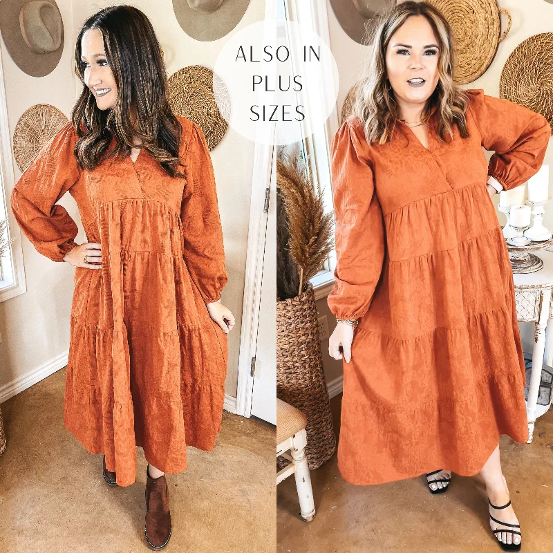 ladies-midi-dress-tiered-trend-Sweet Glances Long Sleeve Tiered Midi Dress in Rust Orange