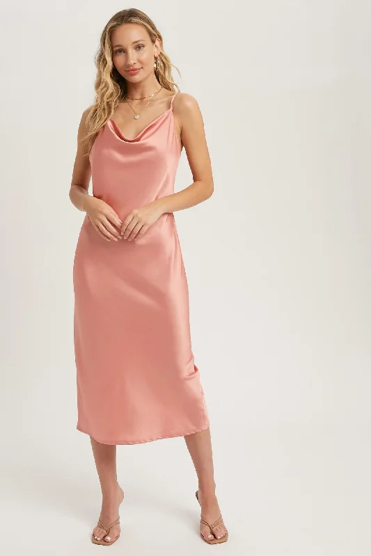 ladies-midi-dress-swingy-sway-Rose Satin Cowl Neck Midi Slip Dress