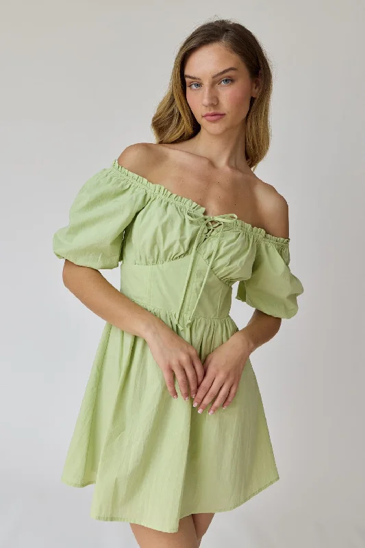 Women's mini dress mist glow -Green Puff Sleeve Mini Dress