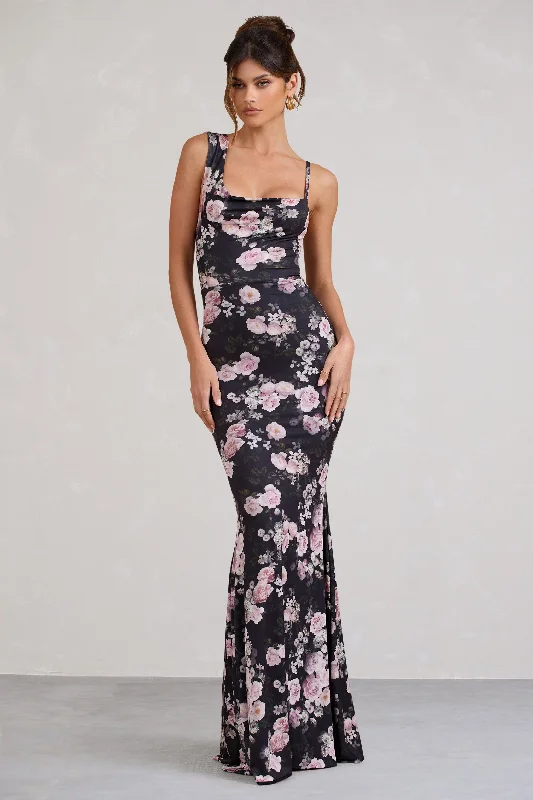 ladies-maxi-dress-teal-tide-Phantasy | Black & Pink Floral Print Asymmetric Neckline Cowl Maxi Dress