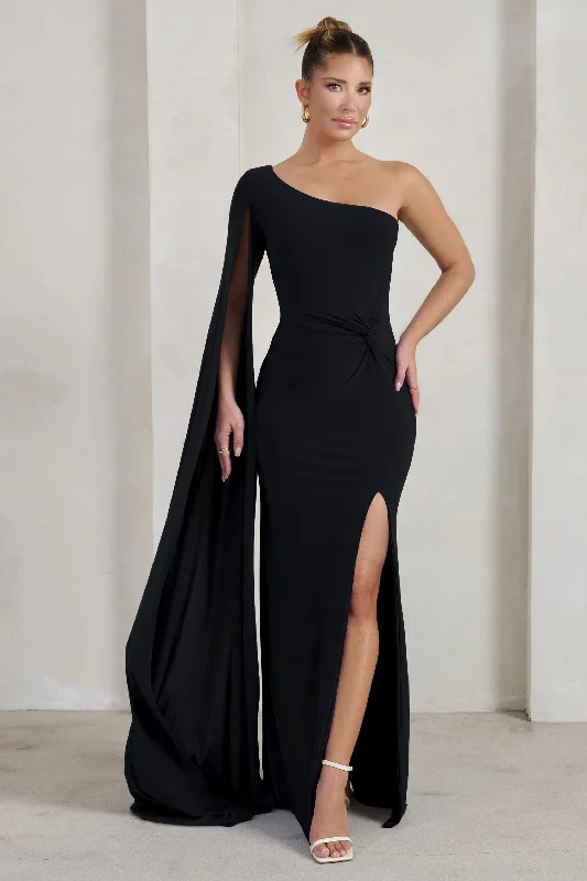 ladies-maxi-dress-sand-sweep-Romi | Black One Shoulder Twist Design Maxi Dress