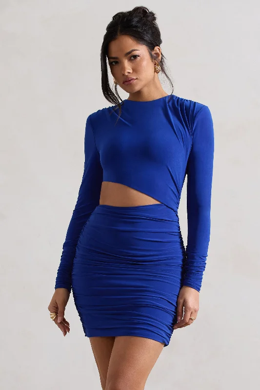 Women's bodycon dress teal pop -Tana | Royal Blue Ruched Bodycon Long Sleeve Cut-Out Mini Dress