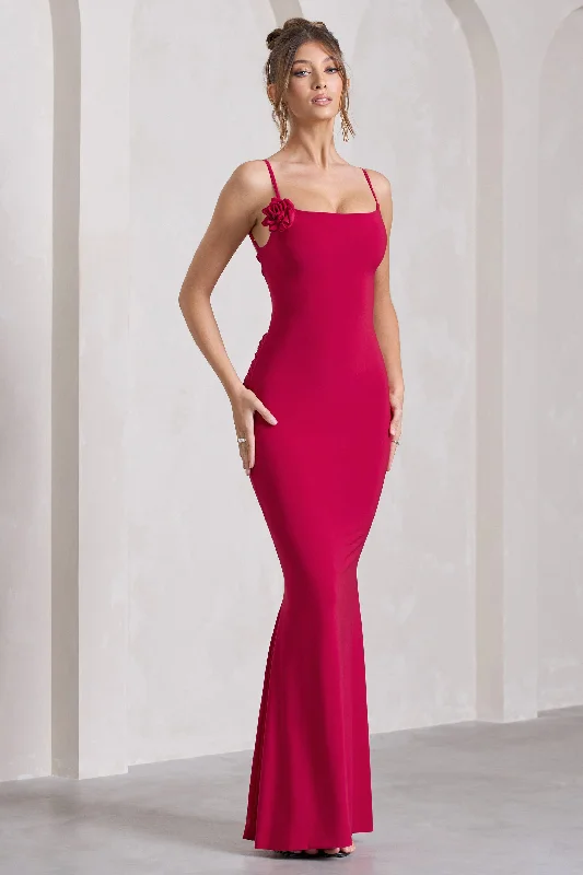 ladies-maxi-dress-bright-bloom-Alora | Red Strappy Lace-Up Maxi Dress With Flower Corsage