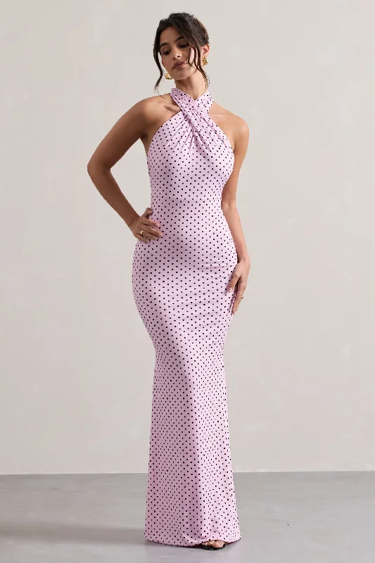 ladies-maxi-dress-blue-bloom-Invincible | Pink Polka Dot Cross Over Halter-Neck Open-Back Maxi Dress