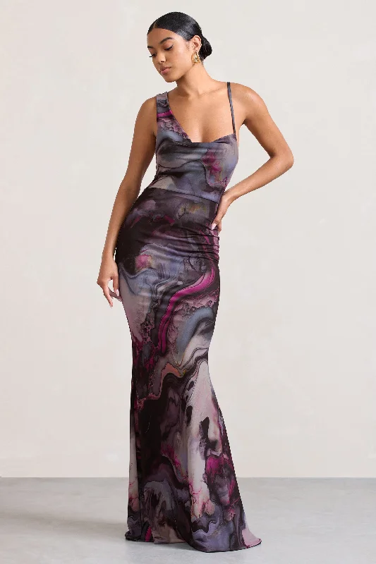 ladies-maxi-dress-plum-poise-Phantasy | Marble Print Asymmetric Neckline Cowl Maxi Dress