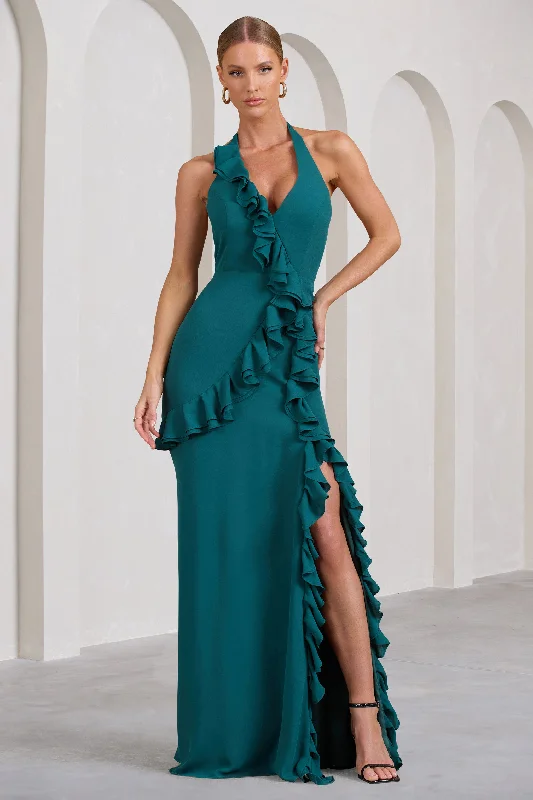 ladies-maxi-dress-viral-vibe-Morning | Bottle Green Ruffled Halter-Neck Split Maxi Dress