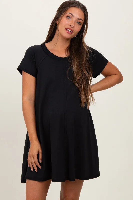 Women's mini dress shine chic -Black French Terry Basic Short Sleeve Maternity Mini Dress