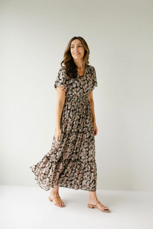 ladies-maxi-dress-plus-size-prance-'Elizabeth' Leaf Print Tiered Maxi Dress in Black