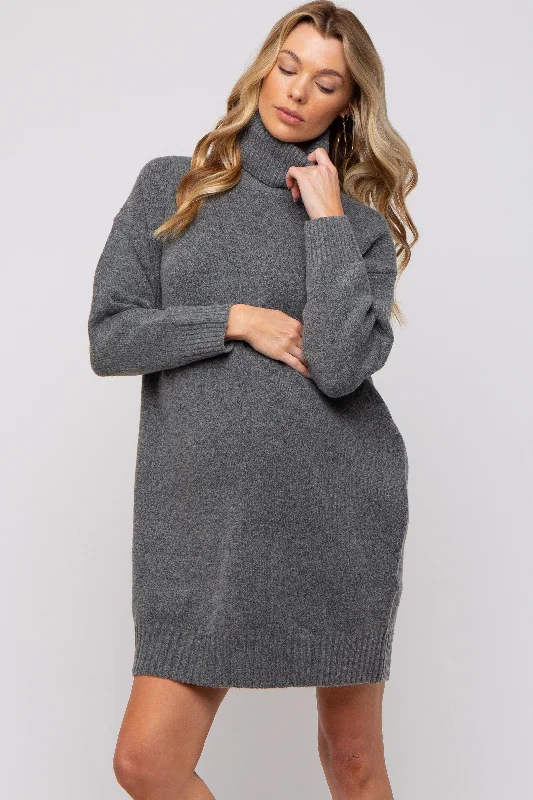 Women's mini dress dirt pop -Charcoal Turtleneck Maternity Sweater Mini Dress