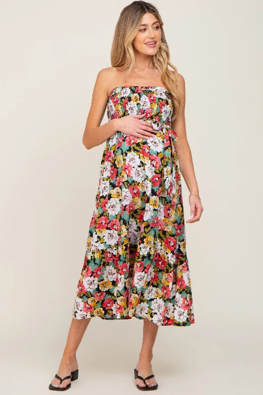 ladies-midi-dress-chartreuse-charm-Black Floral Smocked Strapless Maternity Midi Dress